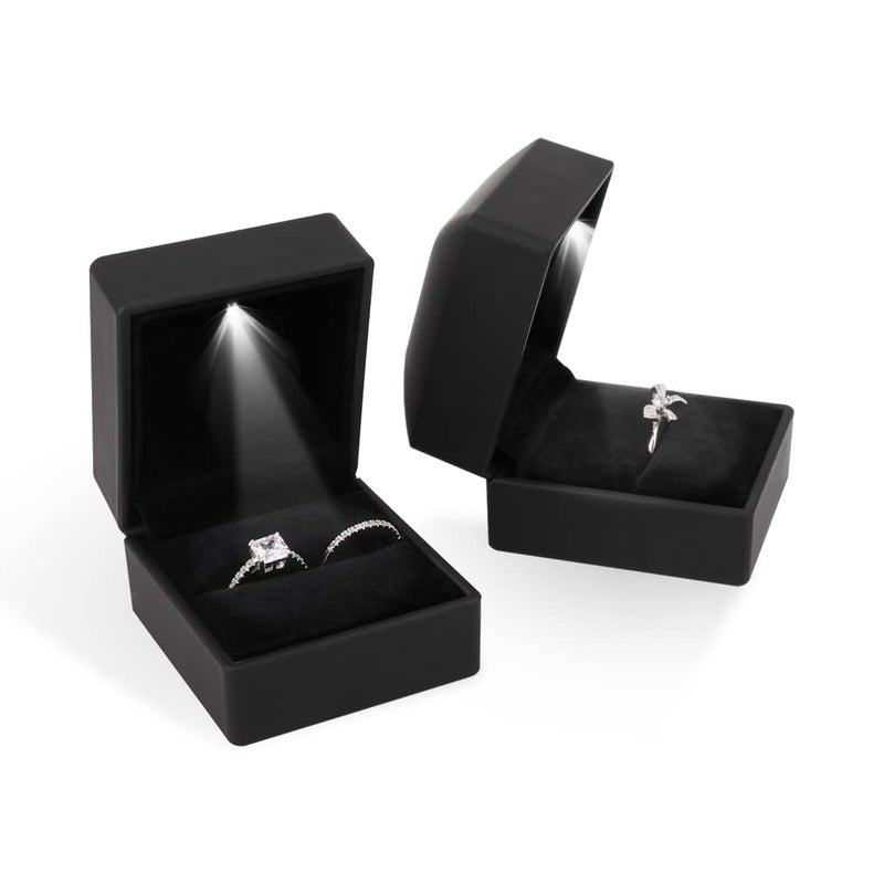 iSuperbÂ® Ring Box Black Jewelry Case Organizer with LED Light Gift Box - Image 3